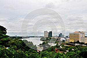 Skyline buildings with Sarawak River of Kuching Sarawak Borneo East Malaysia