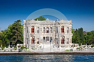 Kucuksu Kasri pavilion on the Bosphorus strait in summer. Kucuksu kasri, or Goksu pavilion, is a 19th century ottoman palace photo