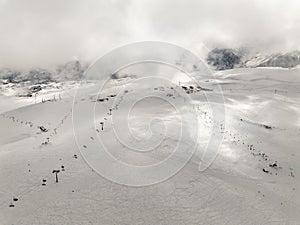 Kudebi, Bidara, Sadzele, Kobi aerial panorama in caucasus winter mountains. Aerial drone view of Gudauri ski resort in winter.