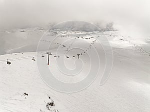 Kudebi, Bidara, Sadzele, Kobi aerial panorama in caucasus winter mountains. Aerial drone view of Gudauri ski resort in winter.