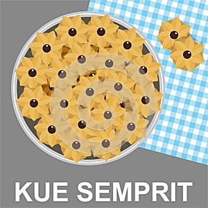 Kue semprit is a kind of pastry made from cornstarch, roombutter, egg yolk, egg white, refined sugar, vanilla powder, and flour. photo