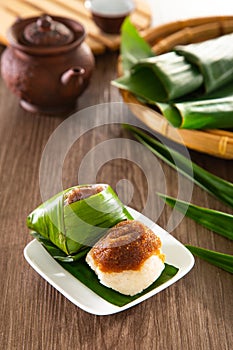 Kuih Pulut inti, traditional Malaysian Nyonya sweet dessert. It is made of steamed glutinous rice with coconut milk and eaten with