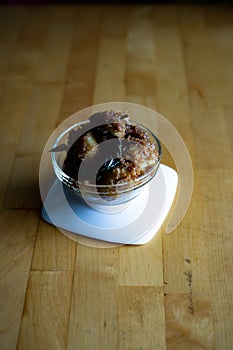 Kuih Puteri Mandi served on a bowl. Famous food during Ramadan in Kelantan, Malaysia. Made from glutinous rice flour, coconut,