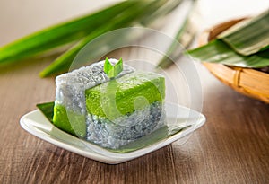 Kuih talam or Kuih Seri Muka, traditional Malaysian Nyonya sweet cake. Also know as Pandan coconut layered cake