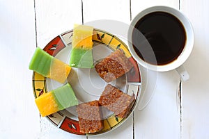 Kuih Wajik, Kuih Lapis Ubi Kayu and Coffee