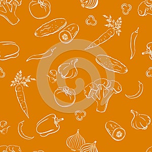 Vegetables outline seamless pattern on orange background. Simple vector monochrome illustration of fresh food.