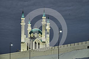Kul-Sharif Mosque behind fortress wall of Kazan Kremlin, Russia.