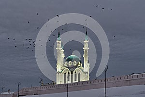 Kul-Sharif Mosque with flock of birds flying over it