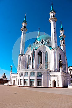 The Kul Sharif mosque in Kazan Kremlin at sunset. View from the Manezh building.The Kul Sharif Mosque is a one of the largest mosq