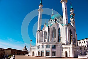 The Kul Sharif mosque in Kazan Kremlin at sunset. View from the Manezh building.The Kul Sharif Mosque is a one of the largest mosq