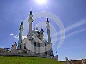 Kul Sharif Mosque in the Kazan Kremlin under a blue sky. City of Kazan, Tatarstan, Russia. UNESCO. Tourist center. Religion. Islam