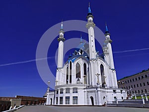 Kul Sharif Mosque in the Kazan Kremlin under a blue sky. City of Kazan, Tatarstan, Russia. UNESCO. Tourist center. Religion. Islam