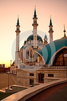 Kul Sharif mosque at sunset, Kazan, Tatarstan, Russia. Vertical view of Kazan Kremlin