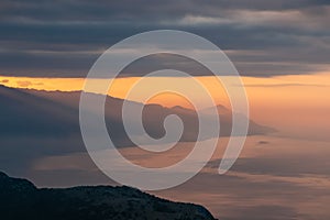 Kula - Scenic view from on top of mount Kula near Omis, Dinara mountains, Split-Dalmatia, Croatia, Europe. Majestic coastline