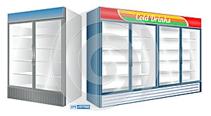 Set of realistic refrigerator showcase isolated or commercial refrigerator cooling drinks fridge freezer or showcase transparent