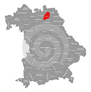 Kulmbach county red highlighted in map of Bavaria Germany