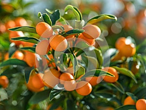 Kumquat branch completely covered with ripe kumquat fruits close up