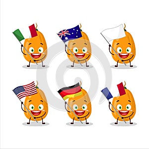 Kumquat cartoon character bring the flags of various countries