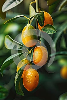 kumquat close up on tree. selective focus