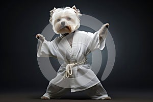 Kung fu master terrier dog dressed in white practice Gi in Kung fu Pose. Dark background. Doggy practicing Martial Arts