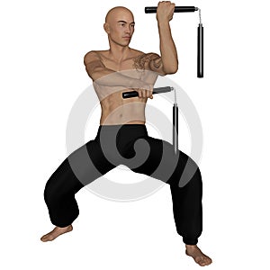 Kung Fu monk with nunchaku