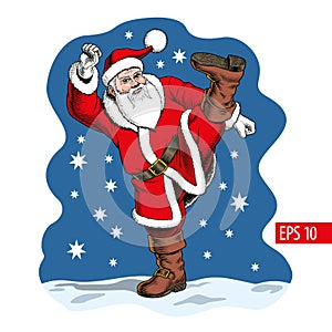 Kung Fu Santa vector illustration. Santa Claus fighter practices martial arts. Greeting card, banner or poster.