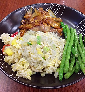 Kung Pao Chicken with Chinese Fried Rice and Stir Fried Long Green Beans.