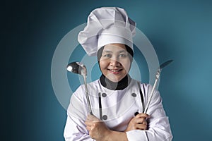 Kungfu Chef, Woman Chef Holding Ladle and Spatula, Ready to Cook