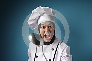 Kungfu Chef, Woman Chef Holding Ladle and Spatula, Ready to Cook