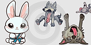 Kungfu Judo taekwondo rabbit with defeated wolves vector graphics illustration