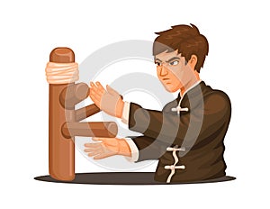 Kungfu master practicing with wooden dummy cartoon illustration vector