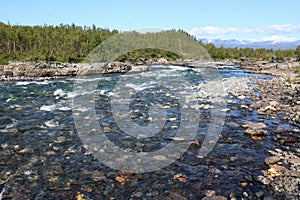 Kungsleden river in the arctic tundra. Abisko national park, Nothern Sweden