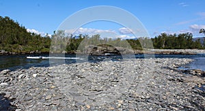 Kungsleden river in the arctic tundra. Abisko national park, Nothern Sweden