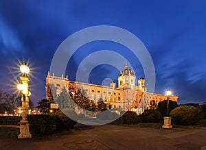 Kunsthistorisches Museum Vienna after sunset in Austria.