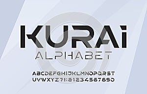 Kurai alphabet font. Futuristic letters and numbers.