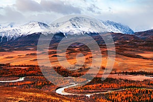 Kurai steppe and view of North-Chuya mountain ridge in Altai, Siberia, Russia