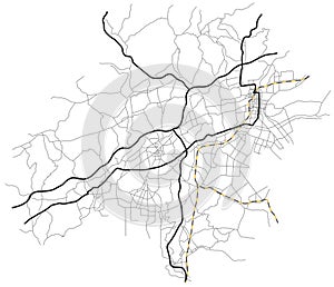 Kurashiki city map Japan - town streets on the plan. Monochrome line map of the  scheme of road. Vector