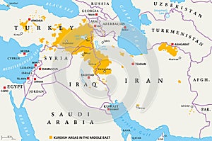 Kurdish areas in the Middle East, political map photo