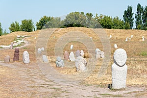 Kurgan stelae at Ruins of Balasagun in Tokmok, Kyrgyzstan. Balasagun is part of the World Heritage