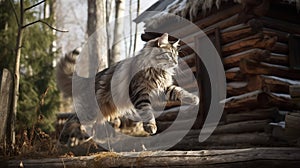 Kurilian Bobtail\'s Graceful Leap on a Russian Dacha