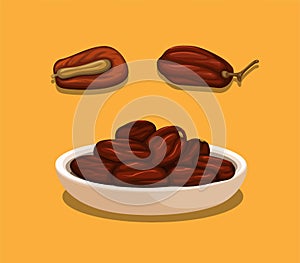 Kurma aka date palm fruit from arab   asian. in bowl and piece with seed concept in cartoon illustration vector