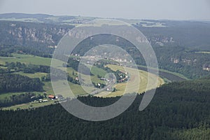 Kurort Rathen from Lilienstein mountain with fields and Elbe river