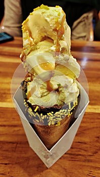 Kurtosh-Hungarian street food-chimney cone filled with butterscotch ice-cream