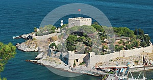 Kusadasi, Aydin Province, Turkey. Top View Of The Pigeon Island. Old 14th-15th Century Fortress On Guvercin Adasi In The