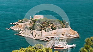 Kusadasi, Aydin Province, Turkey. Top View Of The Pigeon Island. Old 14th-15th Century Fortress On Guvercin Adasi In The