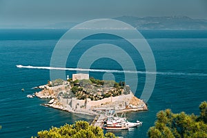 Kusadasi, Aydin Province, Turkey. Top View Of The Pigeon Island. Old 14th-15th Century Fortress On Guvercin Adasi In The