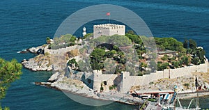 Kusadasi, Aydin Province, Turkey. Top View Of The Pigeon Island. Old 14th-15th Century Fortress On Guvercin Adasi In The