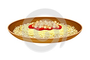 Kushari or Rice Mixed with Pasta and Lentils as Egyptian Dish Vector Illustration