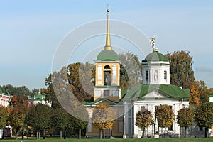 Kuskovo estate. View of church with bell tower