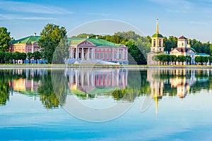 Kuskovsky Park, pond and Kuskovsky Palace at sunset. The estate of the Sheremetev family was built in 1769-1775. The Museum in